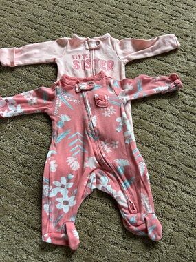 Carter's Pink Floral & Light Pink 'Little Sister' One-Piece Footies